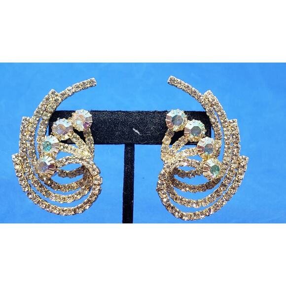 Huge Aurora Borealis Swirl Earrings Rhinestone Gokd Roned Pierced - Picture 1 of 8